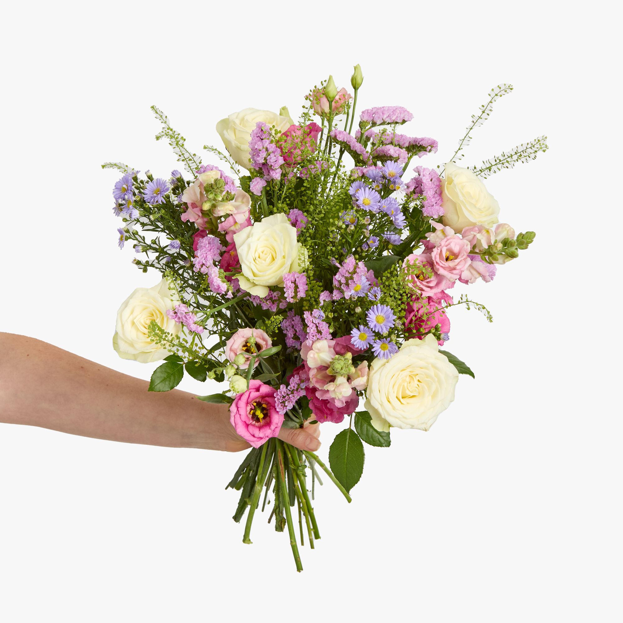 Roses, lisianthus, antirrhinum, statice, asters and greenbell