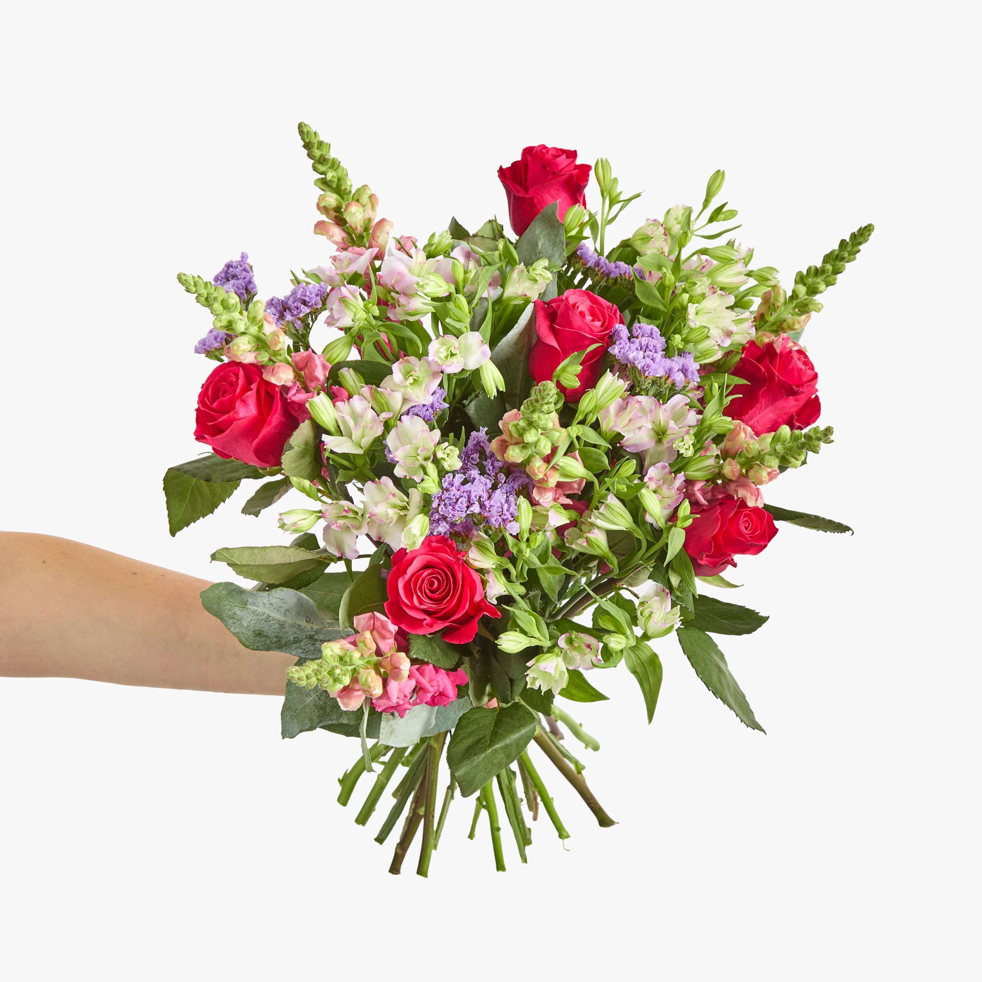 Alstroemeria, roses, antirrhinum, statice and eucalyptus robusta