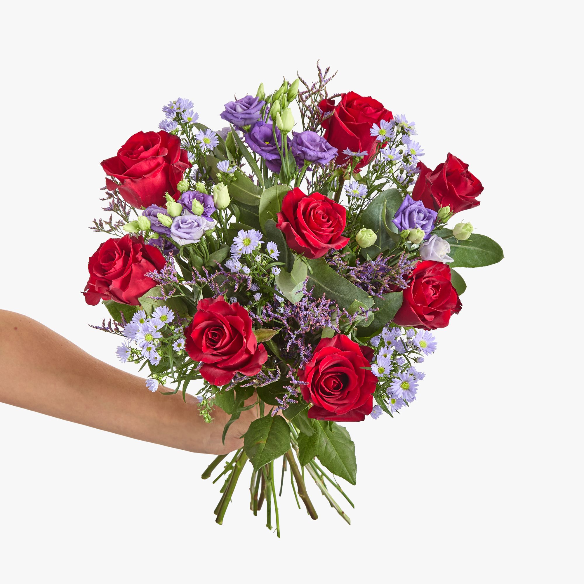  ‘Red Ever’ roses, purple lisianthus, lilac asters, purple limonium and eucalyptus robusta