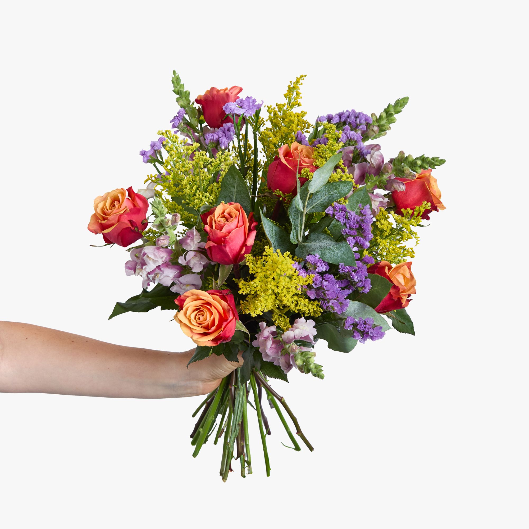 ‘Cherry Brandy’ roses, antirrhinum, statice, solidago and eucalyptus robusta