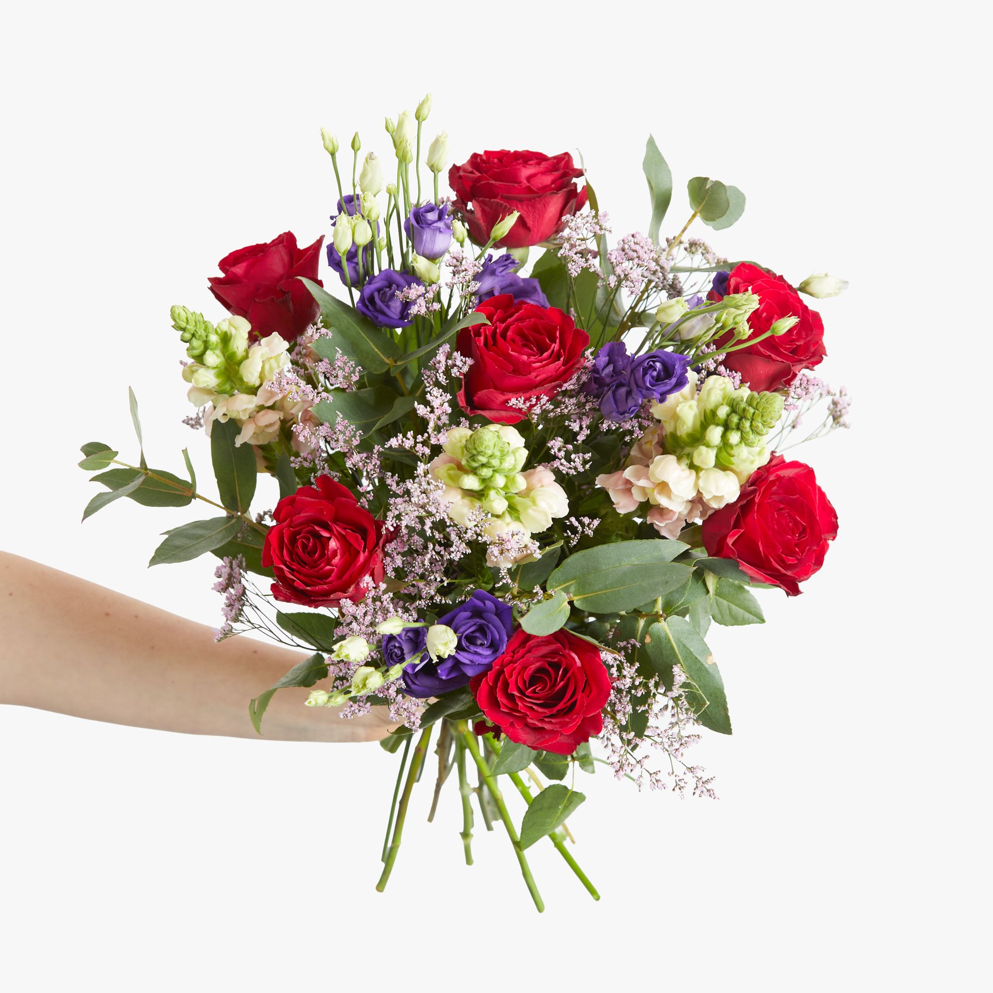 Roses, lisianthus, limonium, antirrhinum and eucalyptus robusta