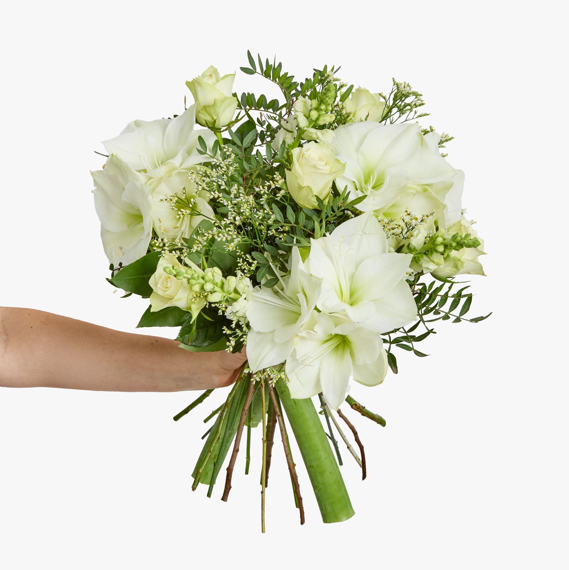  White amaryllis, roses, antirrhinum, limonium, pistacha and eucalyptus robusta