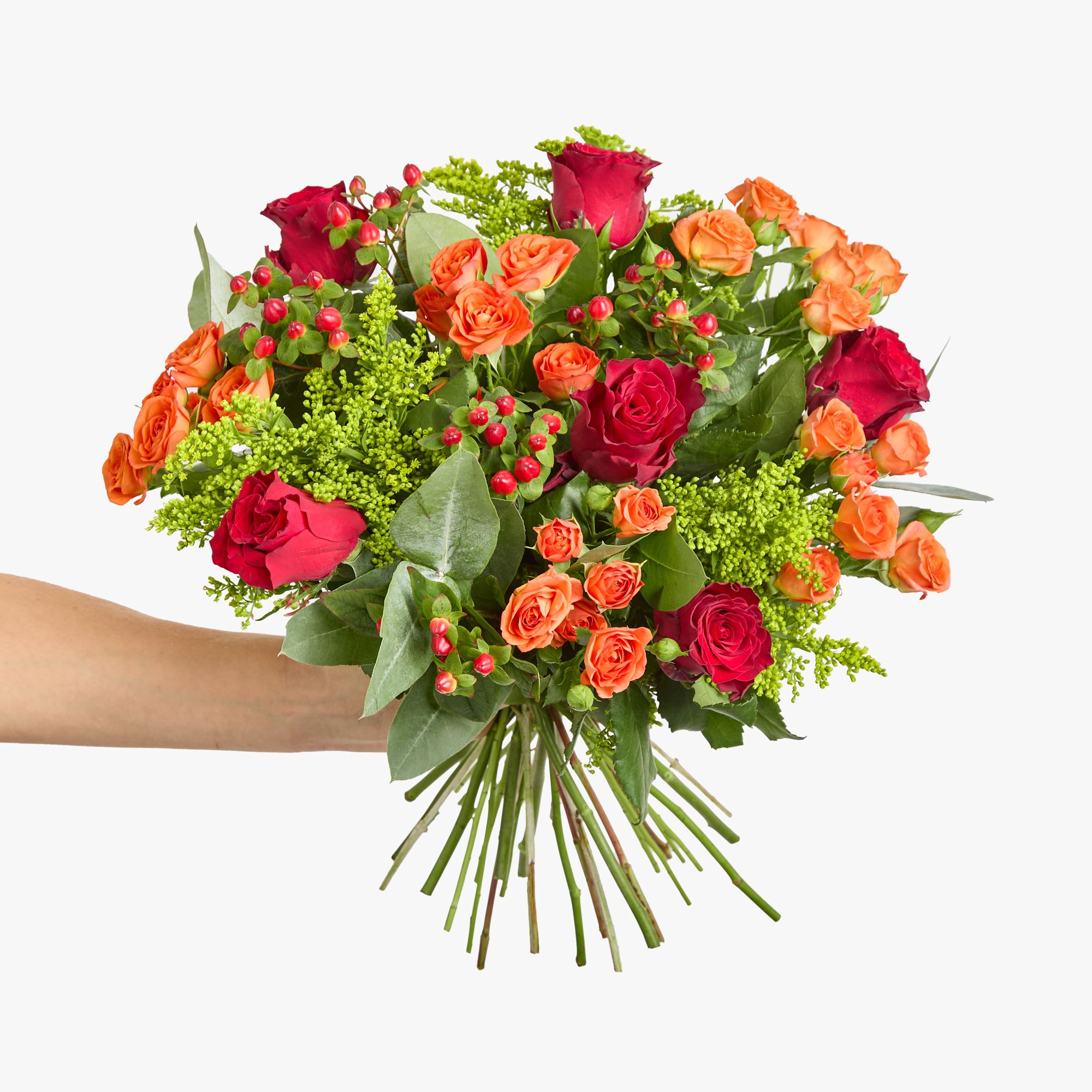 Orange spray roses, red roses, hypericum, solidago and eucalyptus robusta