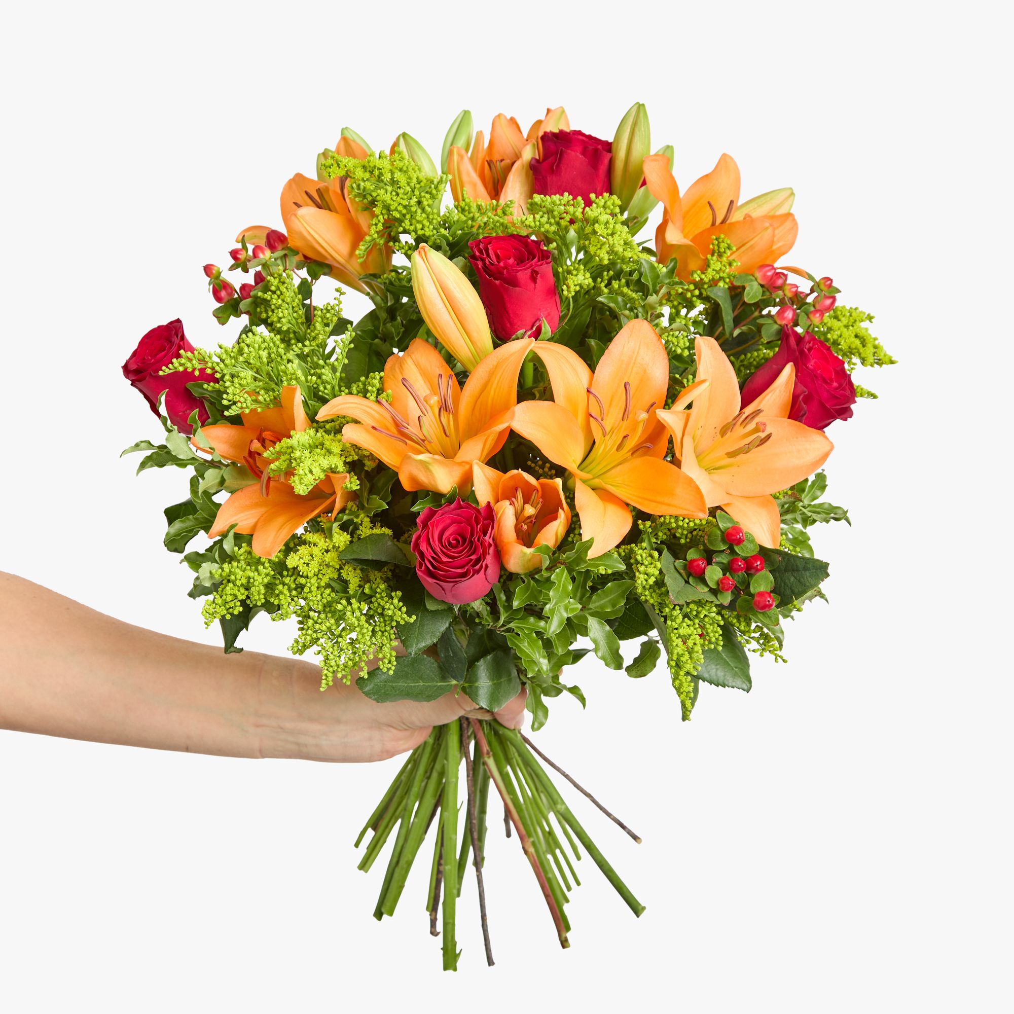  Orange ‘LA’ lilies, solidago, red roses, hypericum and mini pittosporum