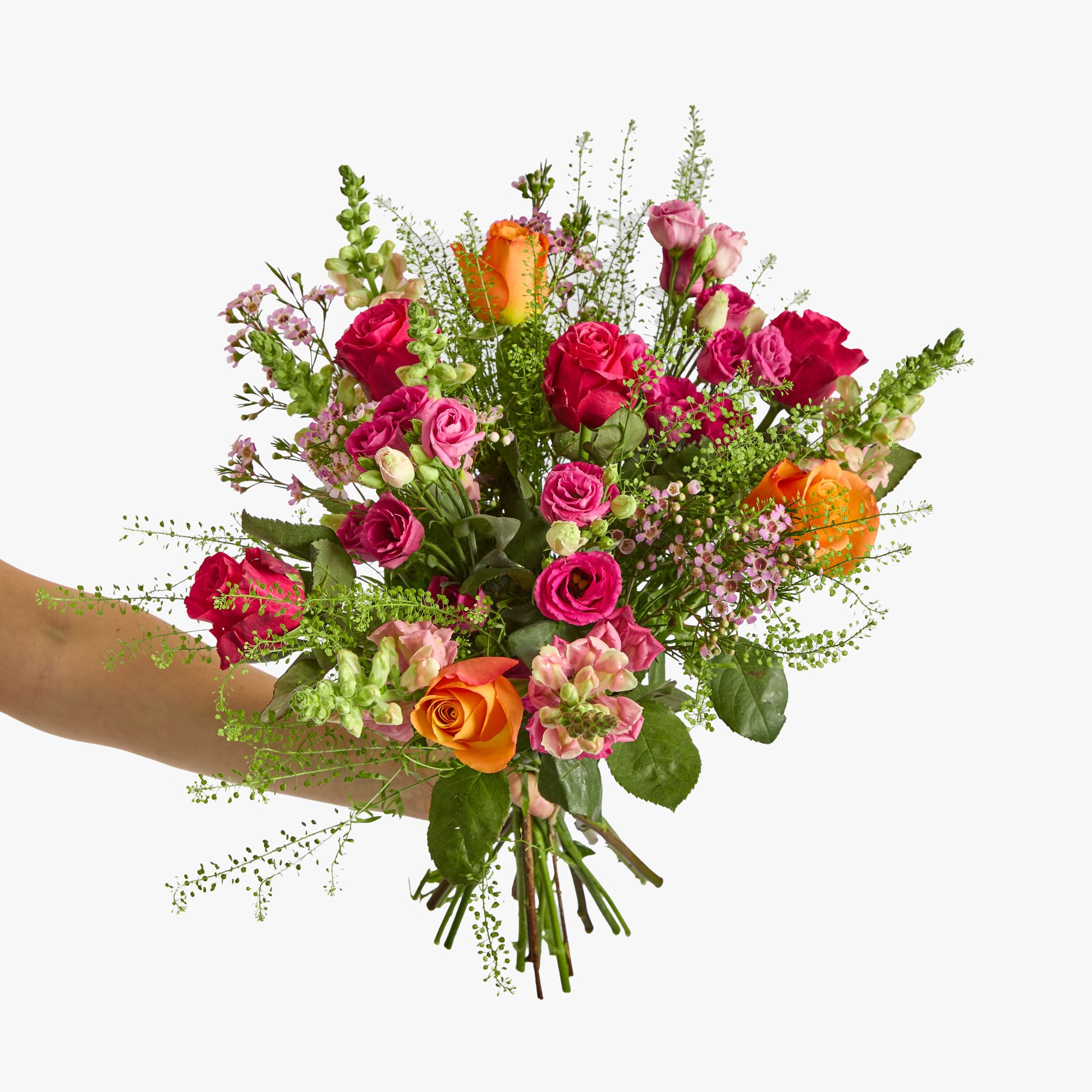 Orange roses, pink roses, pink waxflowers, red lisianthus, pink antirrhinum and mini pittosporum