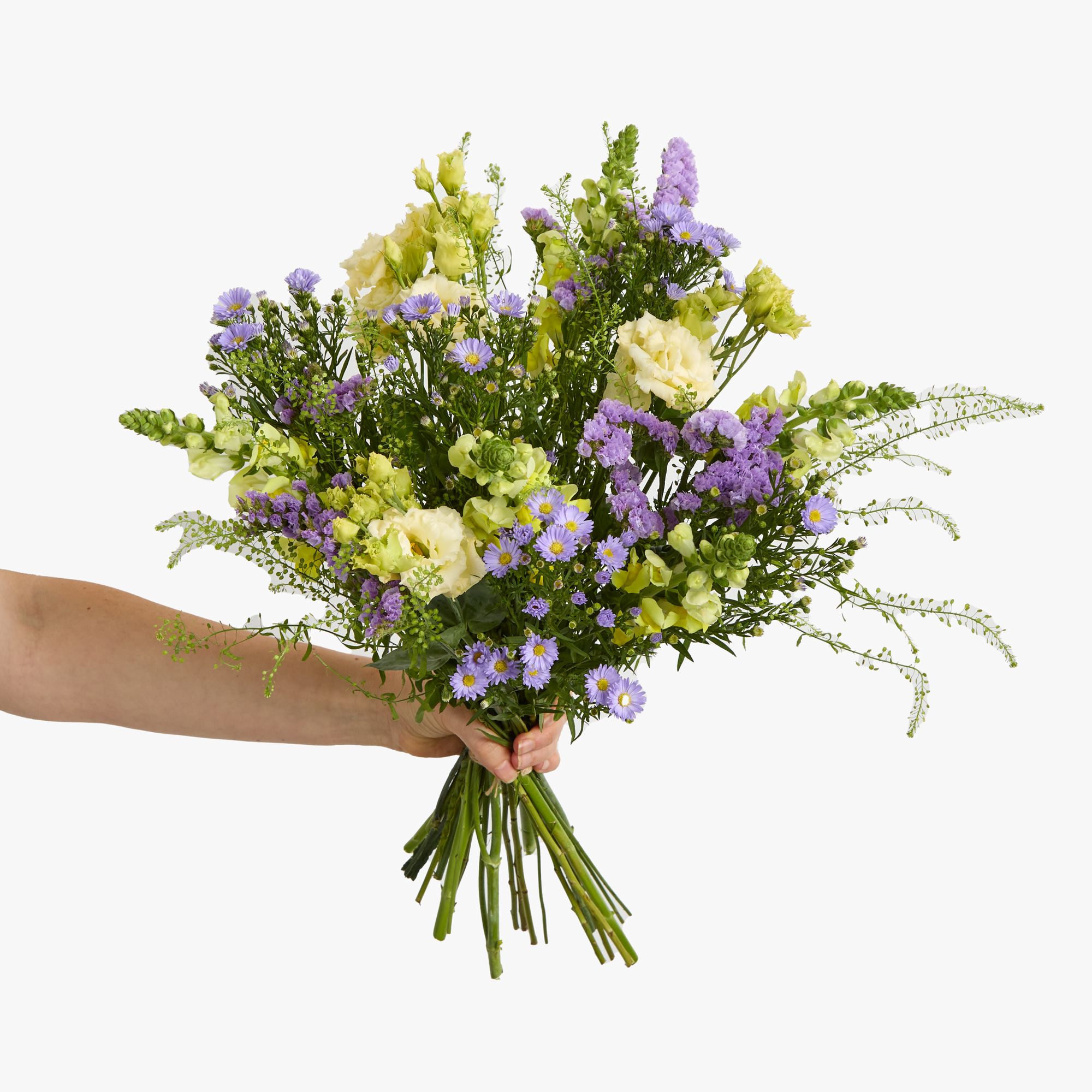  Lilac asters, yellow lisianthus, lilac statice, yellow antirrhinum and greenbell