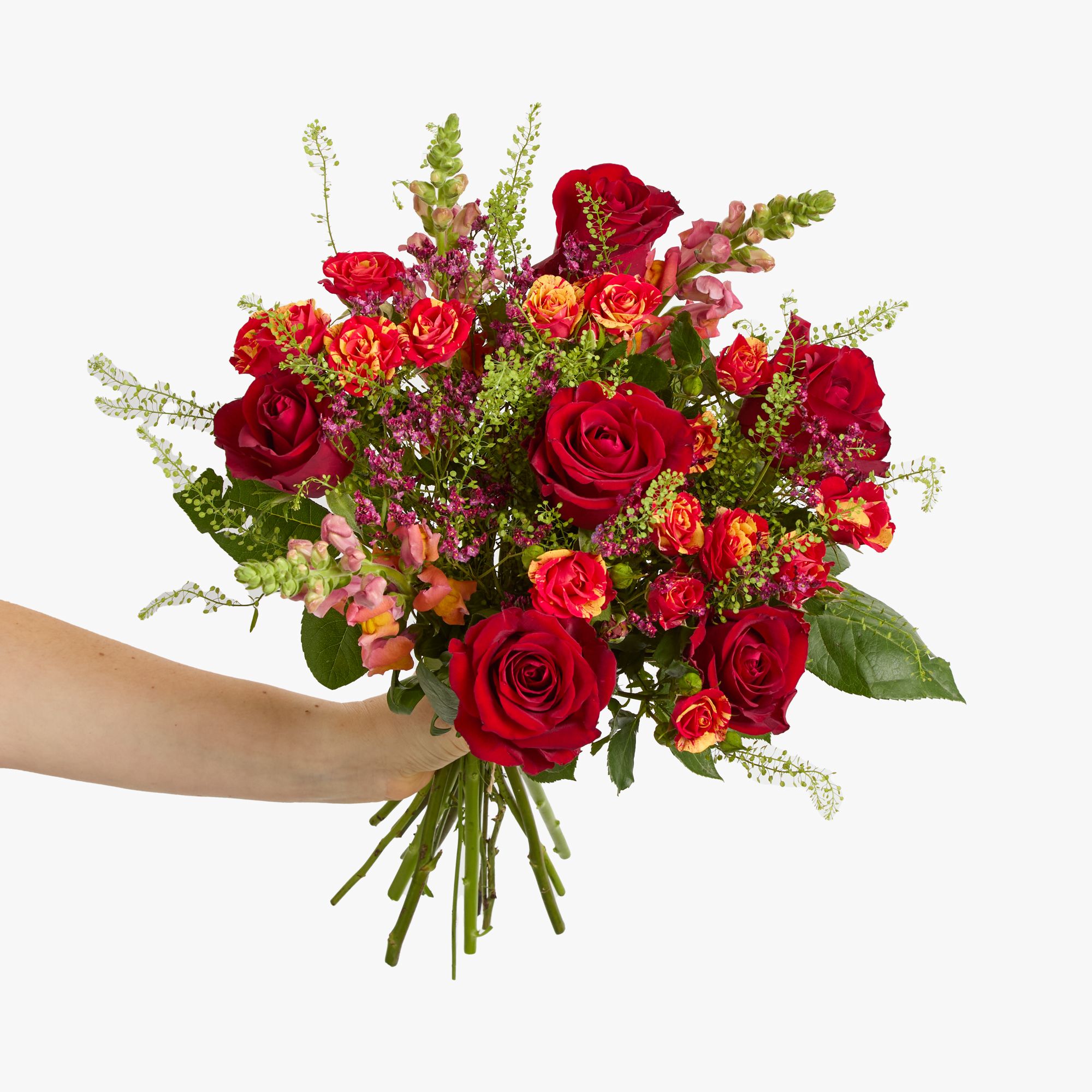 ‘Firesplash’ spray roses, red roses, antirrhinum, limonium and greenbell