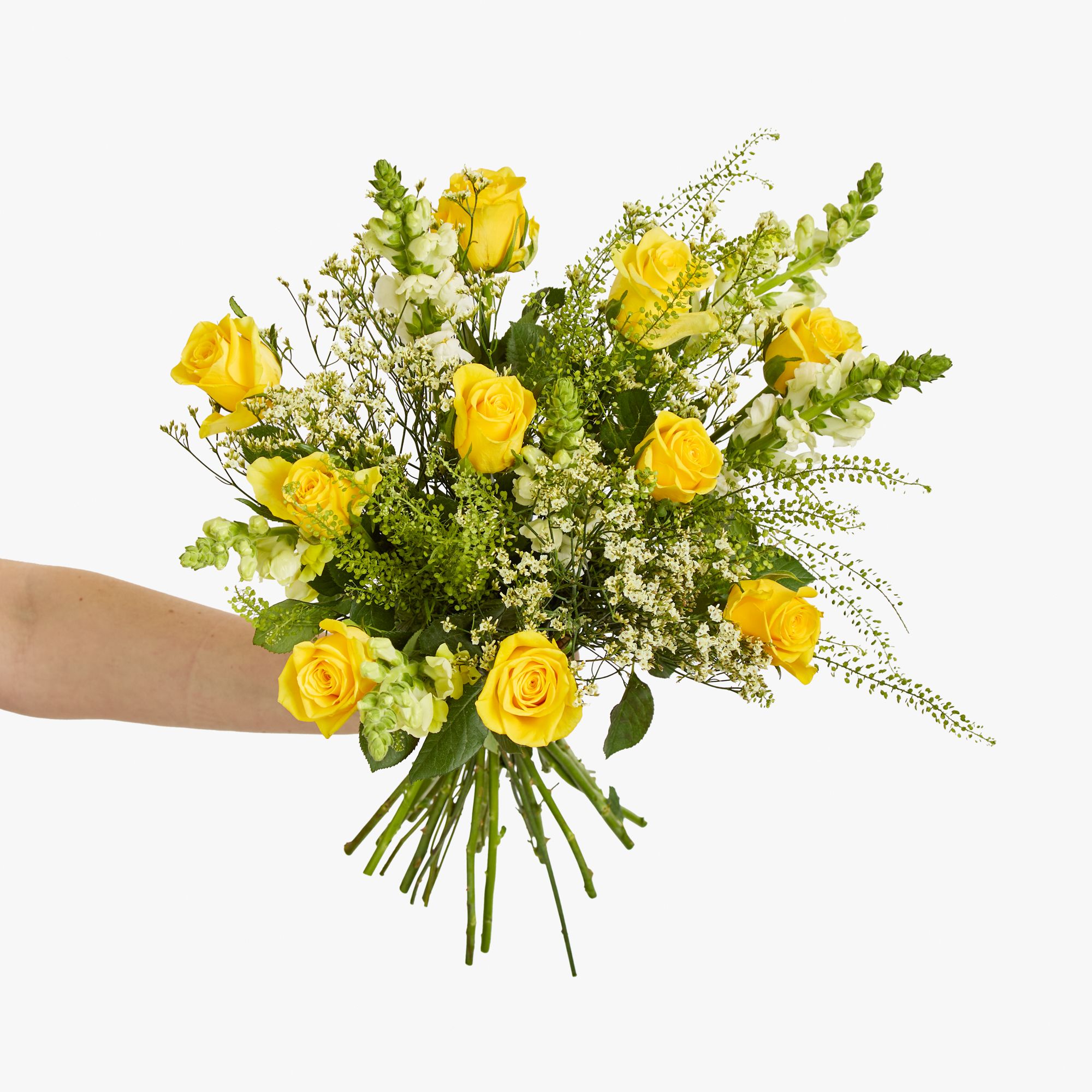 Yellow Roses, Antirrhinum, Limonium and Greenbell