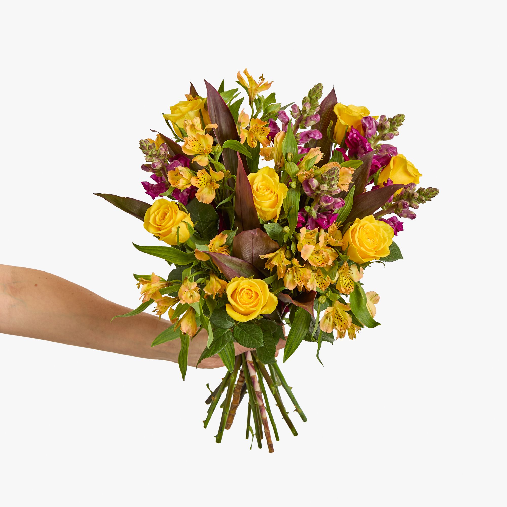 Yellow roses, burgundy antirrhinum, alstroemeria and cordyline