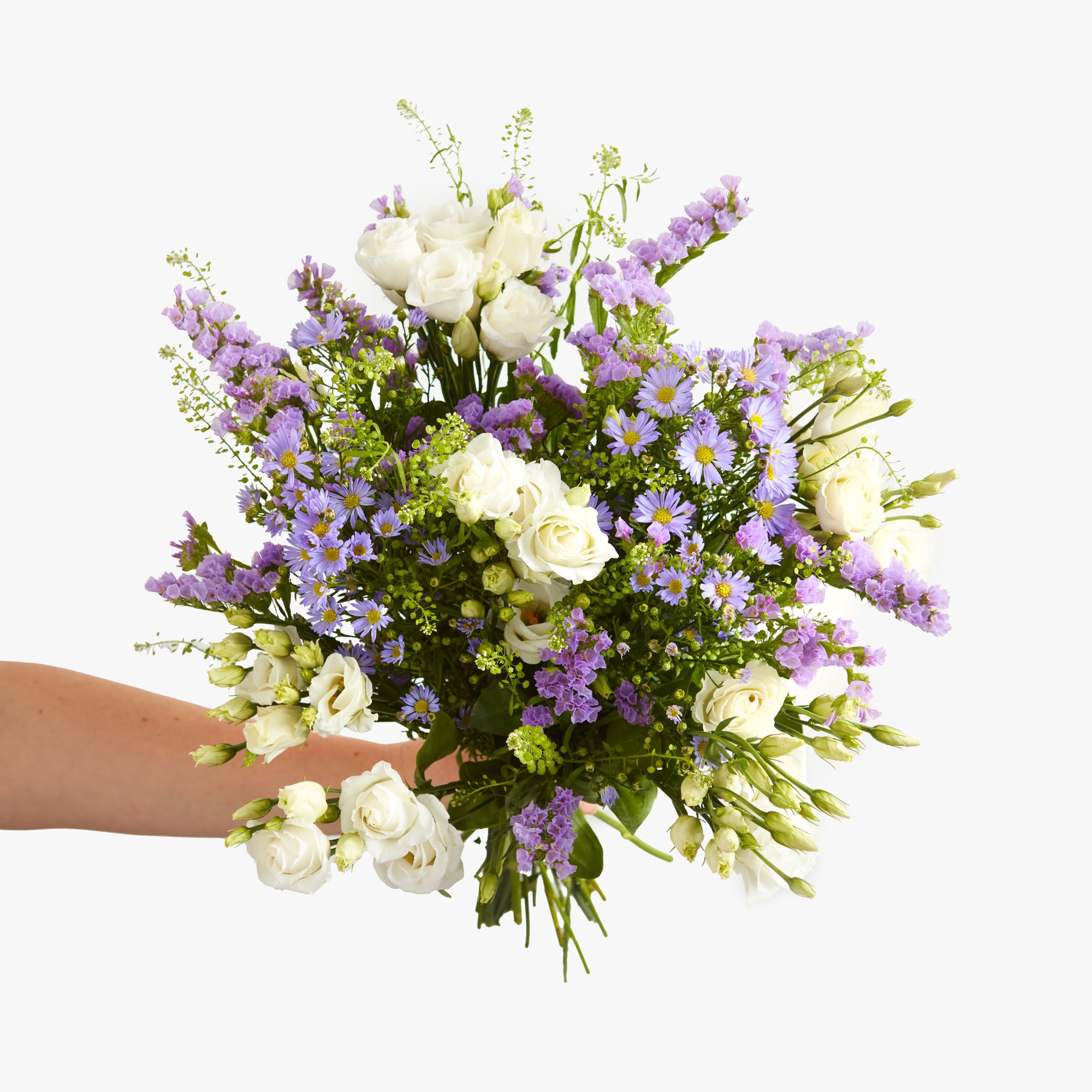 Lilac asters and statice, white lisianthus and greenbell