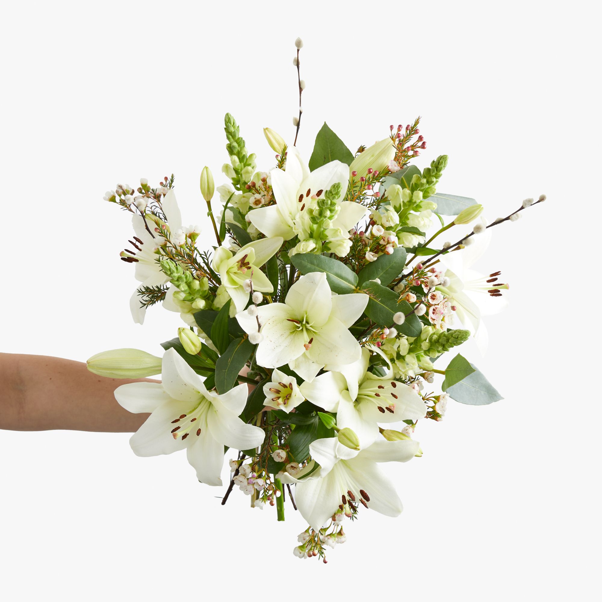 White lilies, antirrhinum, pussy willow, waxflowers and eucalyptus robusta