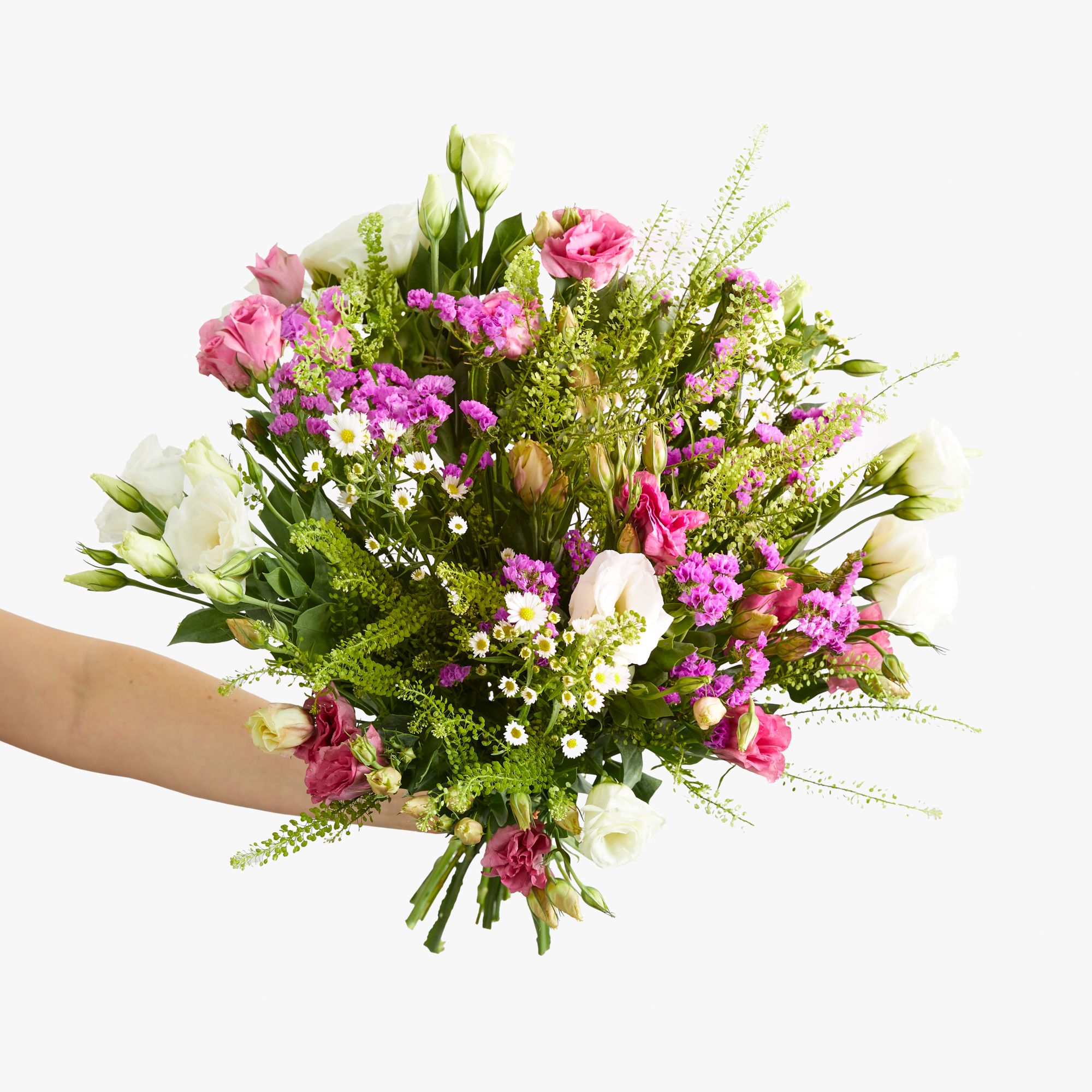 Pink listianthus, white lisianthus, white asters, pink statice and greenbell